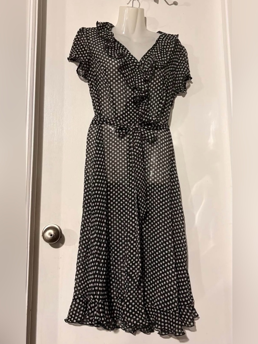 J.B.S. Polka Dot Ruffle Neck Blouse — Black & White